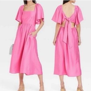 A New Day Pink Flutter Sleeve Tie Back Midi Dress